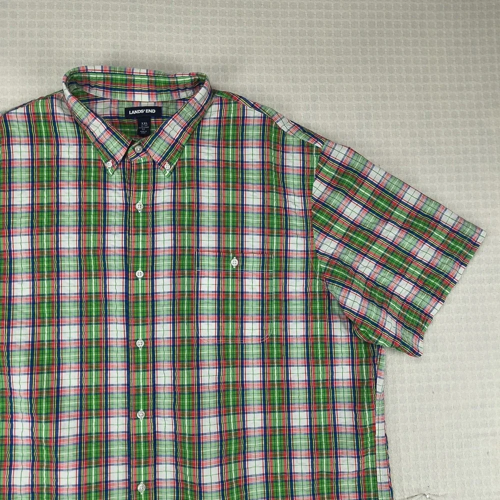 Lands End Men XXL Traditional Fit Short Sleeve Button Down Plaid Shirt Green Red